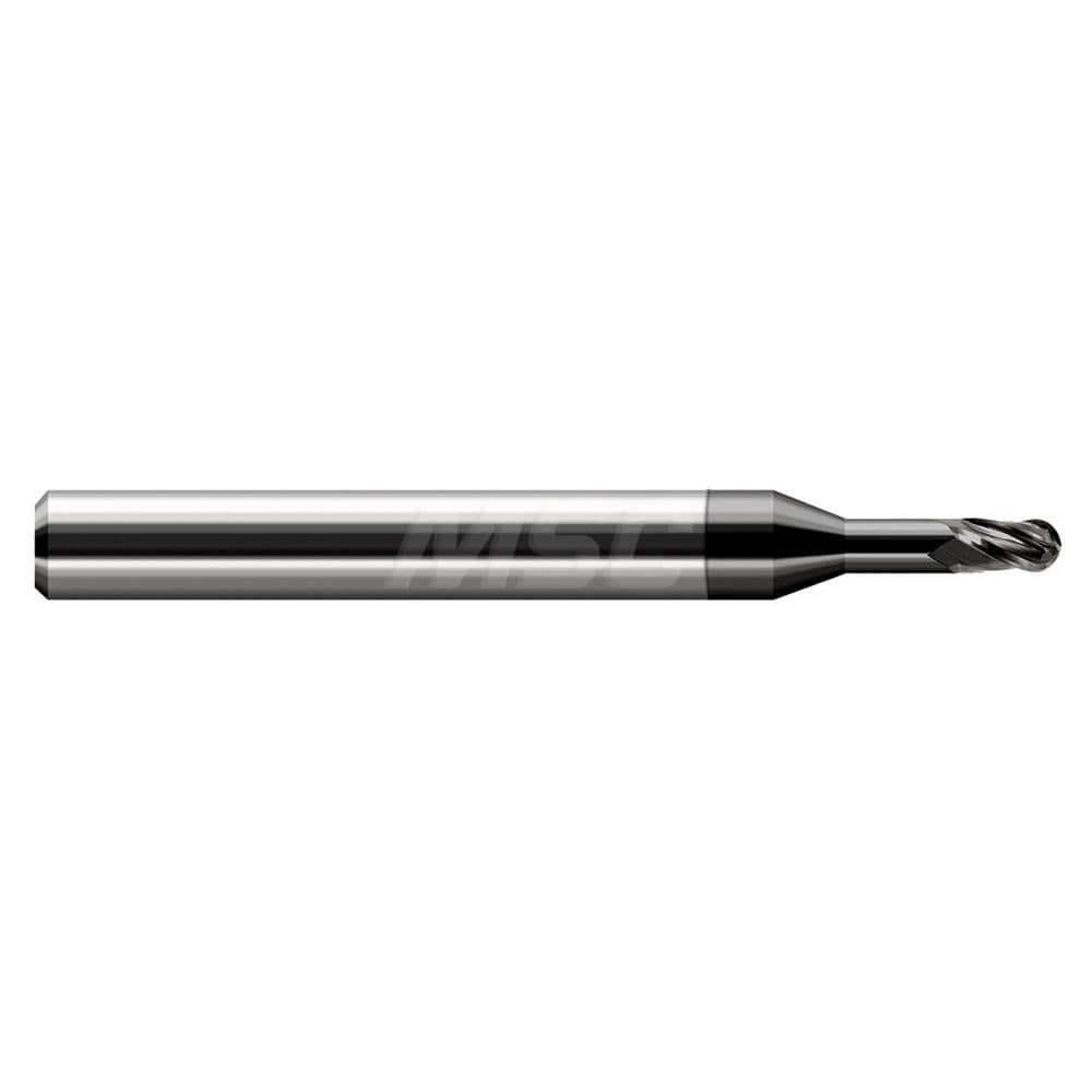 Ball End Mill: 0.031″ Dia, 0.047″ LOC, 3 Flute, Solid Carbide 2-1/2″ OAL, 1/8″ Shank Dia, 30 ° Helix, Amorphous Diamond Coated, Single End