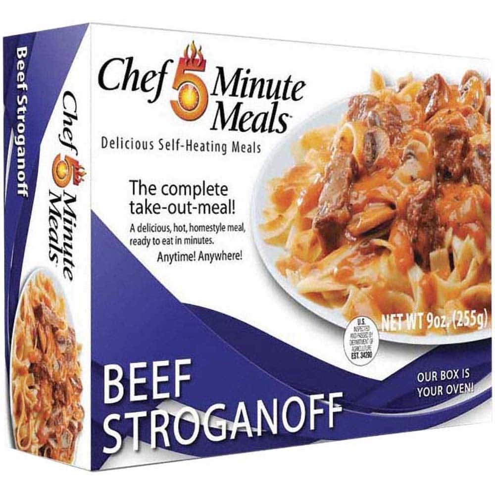 Chef Minute Meals - Emergency Preparedness Supplies Type: Ready-to-Eat Beef Stroganoff Meal Contents/Features: Heater Pad & Activator Solution; Cutlery Kit w/Utensils, Salt & Pepper Packets; 9-oz Entr e - USA Tool & Supply