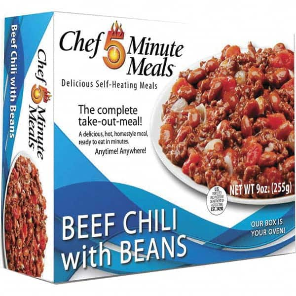 Chef Minute Meals - Emergency Preparedness Supplies Type: Ready-to-Eat Beef Chili Meal Contents/Features: Heater Pad & Activator Solution; Cutlery Kit w/Utensils, Salt & Pepper Packets; 9-oz Entr e - USA Tool & Supply