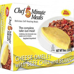 Chef Minute Meals - Emergency Preparedness Supplies Type: Ready-to-Eat Omelette and Chili Meal Contents/Features: Heater Pad & Activator Solution; Cutlery Kit w/Utensils, Salt & Pepper Packets; 9-oz Entr e - USA Tool & Supply