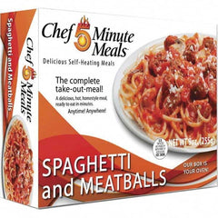 Chef Minute Meals - Emergency Preparedness Supplies Type: Ready-to-Eat Spaghetti and Meat Ball Meal Contents/Features: Heater Pad & Activator Solution; Cutlery Kit w/Utensils, Salt & Pepper Packets; 9-oz Entr e - USA Tool & Supply