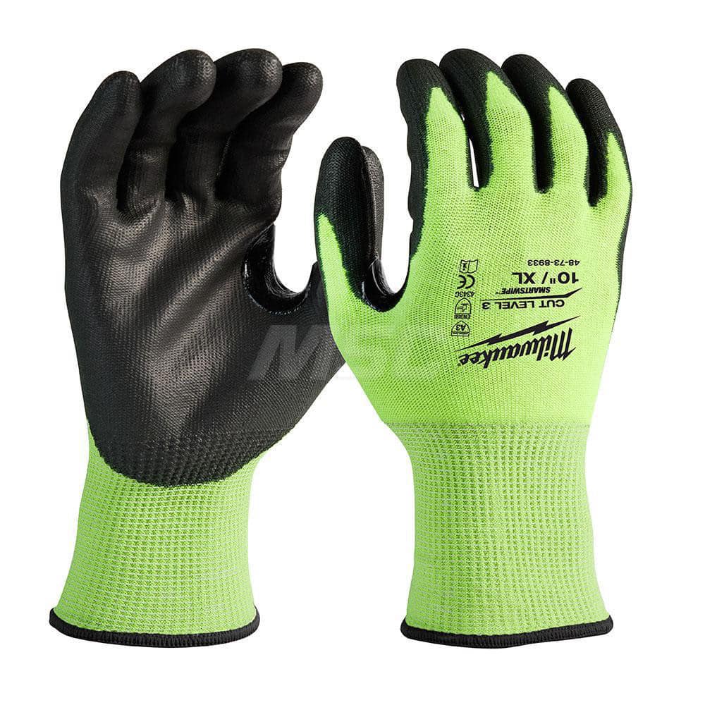 Cut, Puncture & Abrasive-Resistant Gloves: Size XL, ANSI Cut A3, ANSI Puncture 0, Nitrile, Polyurethane High-Visibility Yellow, Palm & Fingers Coated, Polyester Lined, Polyurethane Back, Smooth Grip, ANSI Abrasion 0