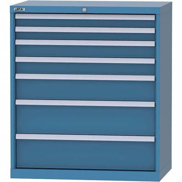 LISTA - 7 Drawer, 84 Compartment Bright Blue Steel Modular Storage Cabinet - USA Tool & Supply