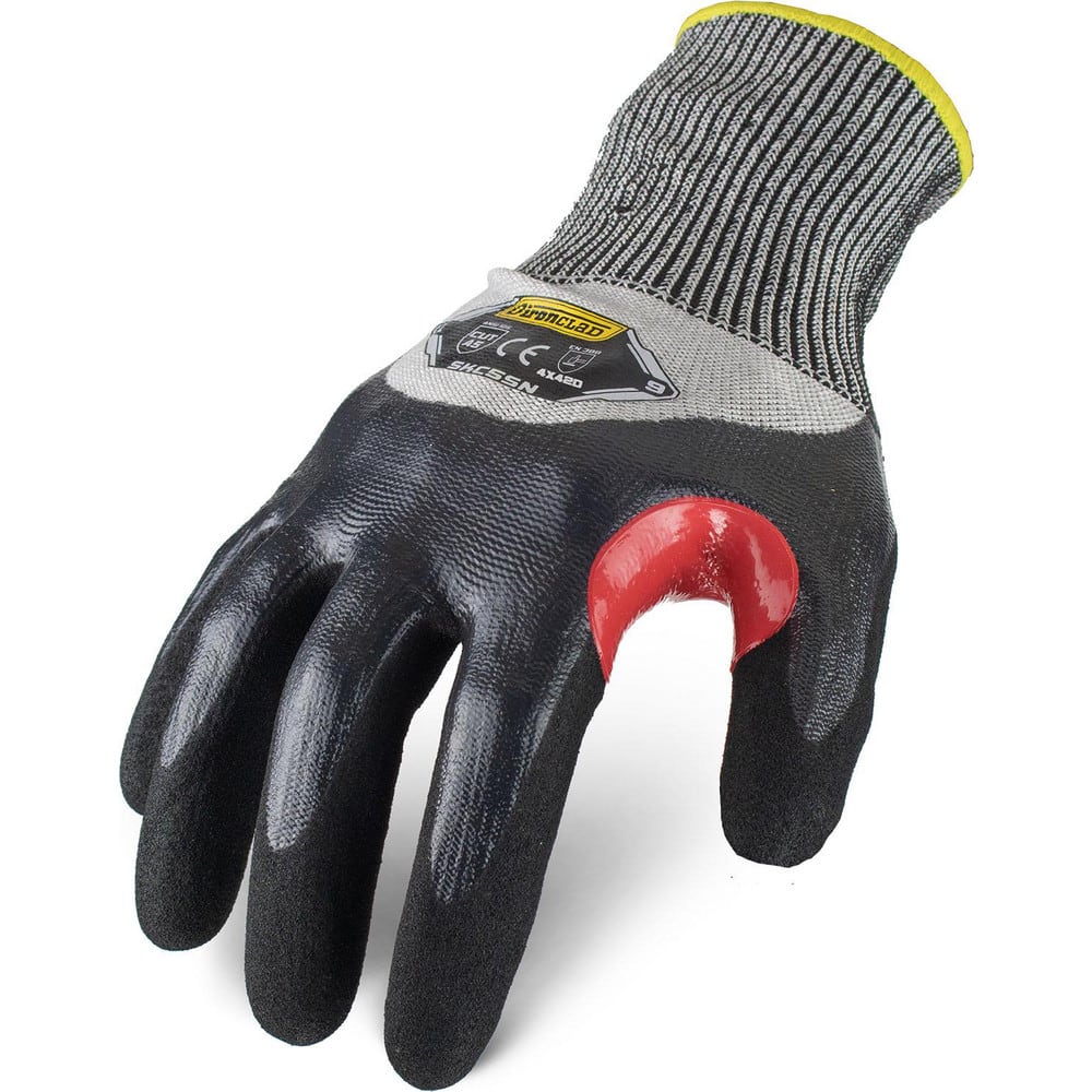 Puncture-Resistant Gloves:  Size  Medium,  ANSI Cut  A5,  ANSI Puncture  4,  Nitrile,  HPPE Steel Blended Knit Black & Gray,  Palm, Fingers & Knuckles Coated,  Unlined Lined,  HPPE Fiber/Stainless Steel Back,  Sandy Grip,  ANSI Abrasion  Not Tested
