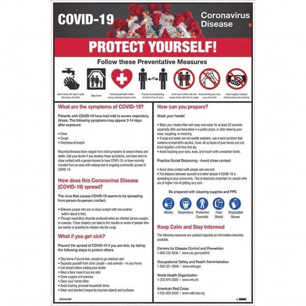 NMC - 1 5-Piece "COVID-19 - PROTECT YOURSELF!", 12" Wide x 18" High, Paper Safety Sign - USA Tool & Supply