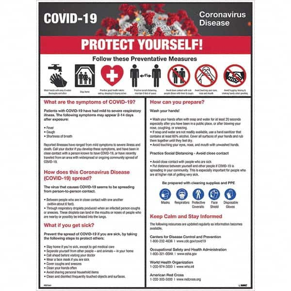 NMC - "COVID-19 - PROTECT YOURSELF!", 18" Wide x 24" High, Pressure-Sensitive Vinyl Safety Sign - USA Tool & Supply