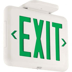 Illuminated Exit Signs; Number of Faces: 1; Light Technology: LED; Letter Color: Green; Mount Type: Surface Mount; Housing Material: Thermoplastic; Housing Color: White; Wattage: 1.3 W; Overall Length: 1.5 in; Overall Height: 9.6300 in; Overall Length (De