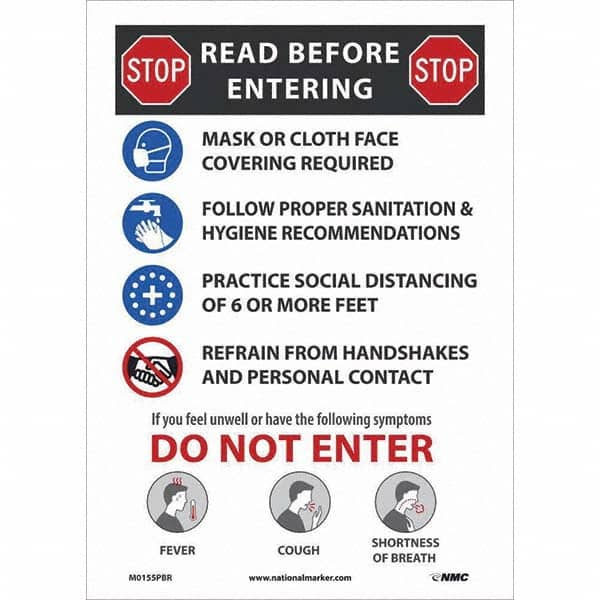 NMC - "COVID-19 - STOP - Read Before Entering", 10" Wide x 14" High, Pressure-Sensitive Vinyl Safety Sign - USA Tool & Supply