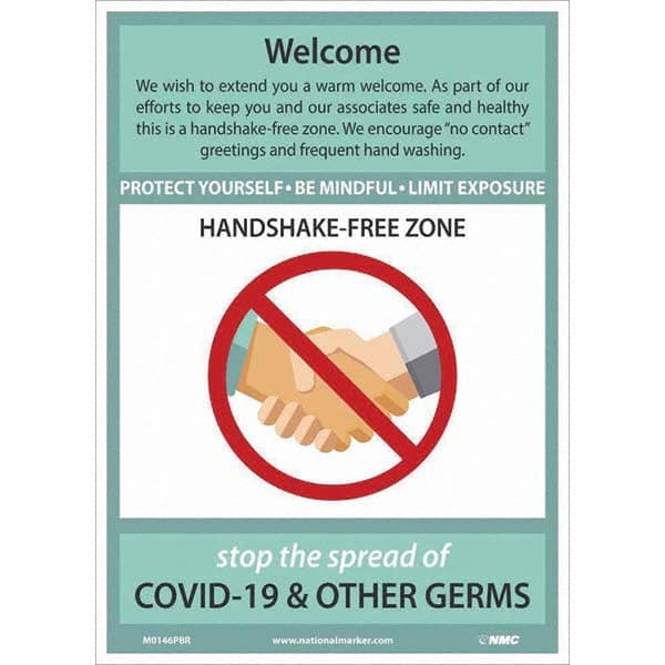 NMC - "COVID-19 - Welcome - Handshake Free Zone", 10" Wide x 14" High, Pressure-Sensitive Vinyl Safety Sign - USA Tool & Supply