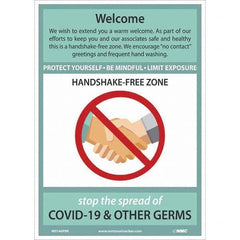 NMC - "COVID-19 - Welcome - Handshake Free Zone", 10" Wide x 14" High, Pressure-Sensitive Vinyl Safety Sign - USA Tool & Supply