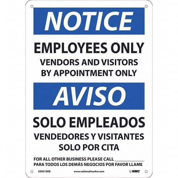 NMC - "Notice - Employees Only Vendors And Visitors By Appointment Only", 10" Wide x 14" High, Rigid Plastic Safety Sign - USA Tool & Supply