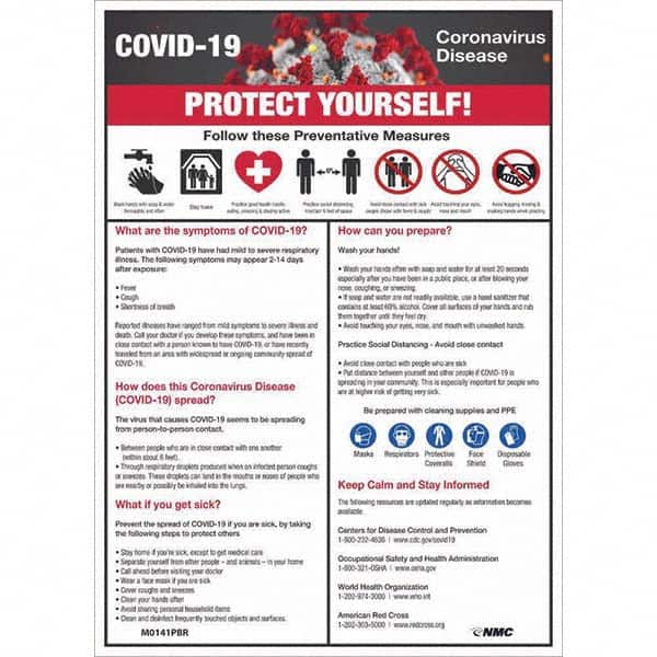 NMC - "COVID-19 - PROTECT YOURSELF!", 10" Wide x 14" High, Pressure-Sensitive Vinyl Safety Sign - USA Tool & Supply