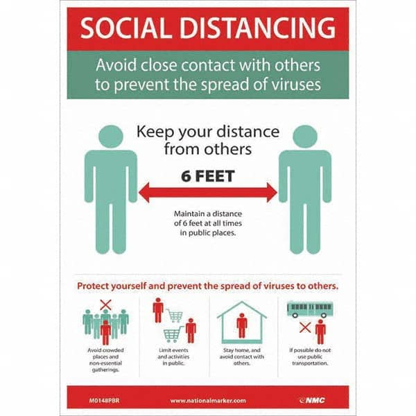 NMC - "COVID-19 - Social Distancing", 10" Wide x 14" High, Pressure-Sensitive Vinyl Safety Sign - USA Tool & Supply