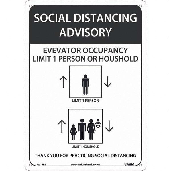 NMC - "Social Distancing Advisory Elevatory Occupancy", 10" Wide x 14" High, Rigid Plastic Safety Sign - USA Tool & Supply