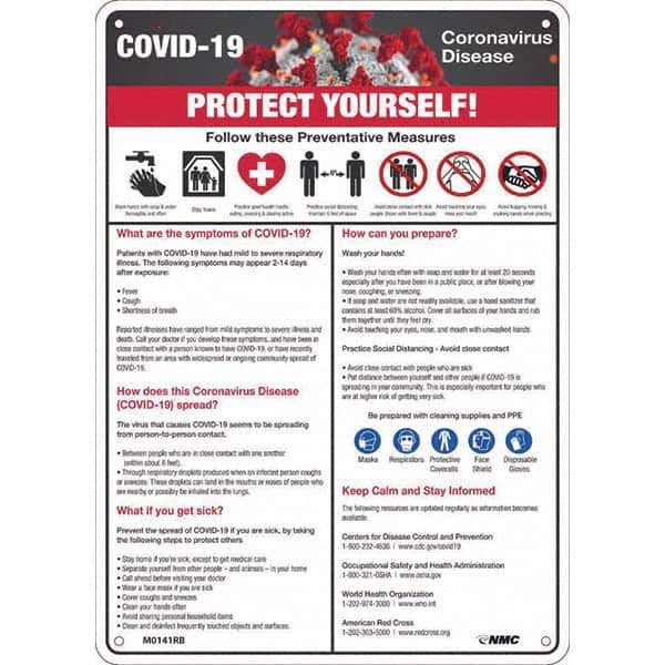 NMC - "COVID-19 - PROTECT YOURSELF!", 10" Wide x 14" High, Rigid Plastic Safety Sign - USA Tool & Supply