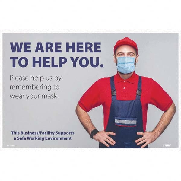 NMC - "COVID-19 - We Are Here To Help You", 18" Wide x 12" High, Vinyl Safety Sign - USA Tool & Supply