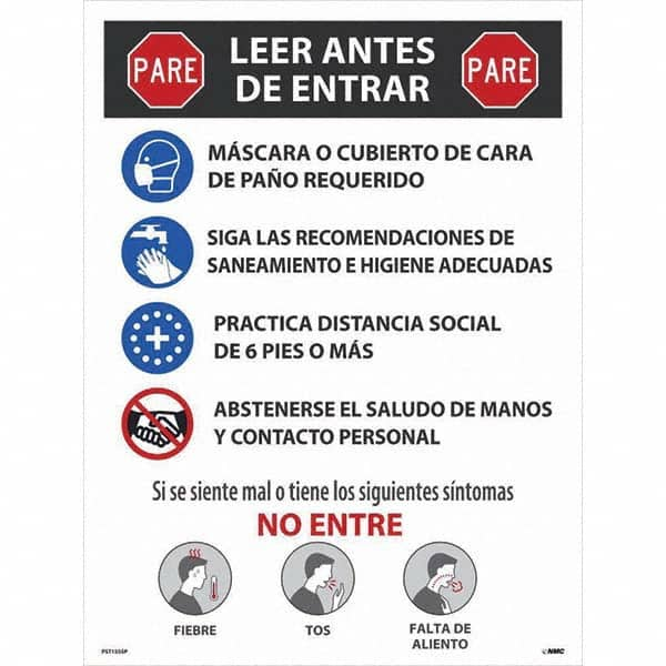 NMC - "COVID-19 - PARE - Leer Antes De Entrar", 18" Wide x 24" High, Paper Safety Sign - USA Tool & Supply