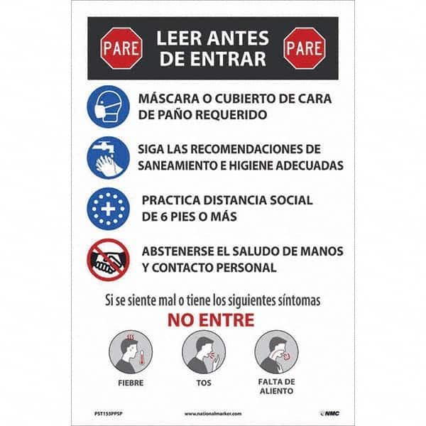 NMC - "COVID-19 - PARE - Leer Antes De Entrar", 12" Wide x 18" High, Paper Safety Sign - USA Tool & Supply