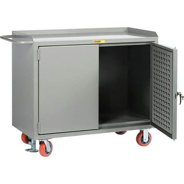 Little Giant - 3,600 Lb Capacity, 2 Shelf, 2 Door Mobile Bench Cabinet with Louvered Panel - 41" Wide x 24" Deep x 43" High, Steel, Gray - USA Tool & Supply