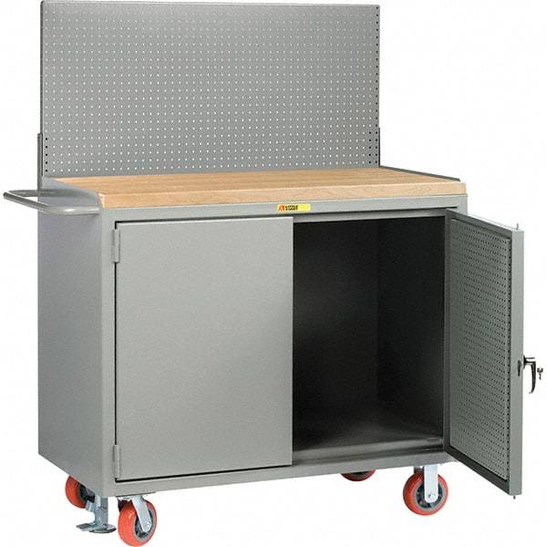 Little Giant - 3,600 Lb Capacity, 2 Shelf, 2 Door Mobile Bench Cabinet with Pegboard Panel Doors - 41" Wide x 24" Deep x 43" High, Steel, Gray - USA Tool & Supply