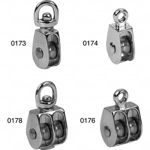 Campbell - Blocks & Pulleys; Type: Swivel Eye Pulley ; Rope Type: Fibrous ; Sheave Style: Single ; Rope Diameter (Inch): 3/8 ; Sheave Outside Diameter (Inch): 1-1/4 ; Load Capacity (Lb.): 50 - Exact Industrial Supply