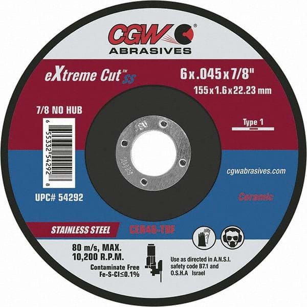 Cut-Off Wheel: Type 1, 6″ Dia, 7/8″ Hole, Ceramic Reinforced, 46 Grit, 10200 Max RPM, Use with Angle Grinders