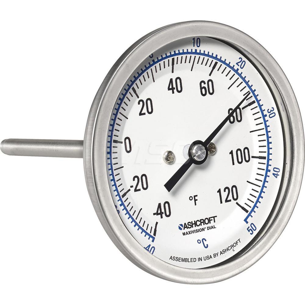 Bimetal & Dial Thermometers; Type: Bi-Metal Thermometer; Mount: Back Connected; Stem Length (Inch): 9; Dial Diameter: 3; Minimum Temperature (F): -40.000; Minimum Temperature (C): -40.00; Maximum Temperature (F): 120.000; Maximum Temperature (C): 50.00; M