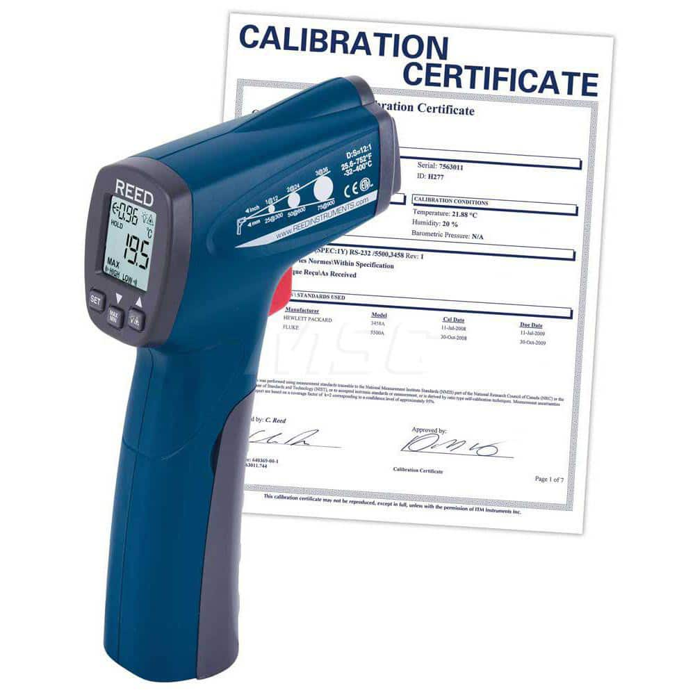 Infrared Thermometers; Resolution: 0.1; Power Supply: 9V Battery; Distance to Spot Ratio: 12:1; Minimum Temperature (C - 2 Decimals): -32.00; Minimum Temperature (Deg F - 3 Decimals): -25.60; Maximum Temperature (F) ( - 0 Decimals): 752.00; Maximum Temper