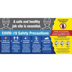 Banners; Message Type: COVID-19; Legend: COVID-19 Safety Precautions; Graphic: Message & Graphic; Material Type: Mesh; Language: English; Length (Inch): 10 in; Height (Inch): 5; Message: COVID-19 Safety Precautions; Height (Feet): 5 in; Height (Decimal In