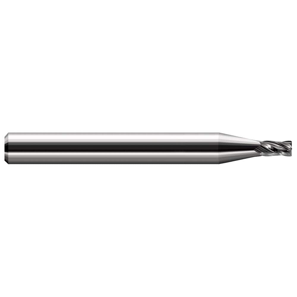 Corner Radius End Mill: 0.02″ Dia, 0.03″ LOC, 0.003″ Radius, 4 Flutes, Solid Carbide 1-1/2″ OAL, 1/8″ Shank Dia, 30 ° Helix, Bright/Uncoated, Corner Radius End