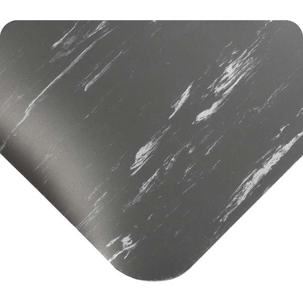 Anti-Fatigue Mat: 16' Length, 4' Wide, 1/2″ Thick, Vinyl, Beveled Edge, Medium-Duty Marbled, Charcoal, Dry