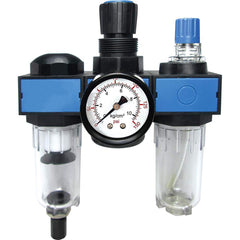 FRL Combination Unit: 1/8 NPT, Miniature with Pressure Gauge 65.32 SCFM, 145 Max psi, Polycarbonate Bowl, Semi-Automatic Drain