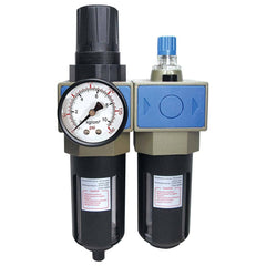 FRL Combination Unit: 3/8 NPT, Intermediate with Pressure Gauge 74.15 SCFM, 145 Max psi, Aluminum Bowl, Semi-Automatic Drain