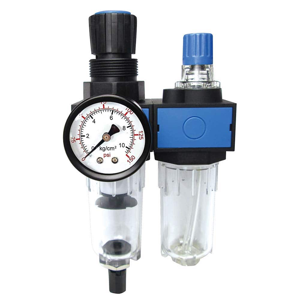 FRL Combination Unit: 1/4 NPT, Miniature with Pressure Gauge 65.32 SCFM, 145 Max psi, Polycarbonate Bowl, Semi-Automatic Drain