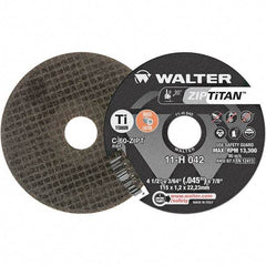 WALTER Surface Technologies - 4-1/2" Aluminum Oxide Cutoff Wheel - 3/64" Thick, 7/8" Arbor, 13,300 Max RPM, Use with Die Grinders - USA Tool & Supply