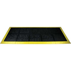 Anti-Fatigue Modular Tile Mat: Dry Environment, 3″ Length, 44″ Wide, 1″ Thick, Beveled Edge, Black & Yellow Vinyl Base, Polyvinylchloride Surface, Raised Squares & Domes, Drainage Holes, Class 1 Fire Resistant