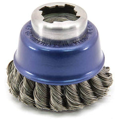 Cup Brush: 2-1/2″ Dia, 0.02″ Wire Dia, Stainless Steel, Knotted 5/8-11 Arbor Hole, 3/4″ Trim Length