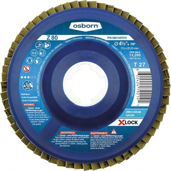 Osborn - 4-1/2" 80 Grit 5/8-11 Center Hole Type 27 Zirconia Alumina Flap Disc - USA Tool & Supply