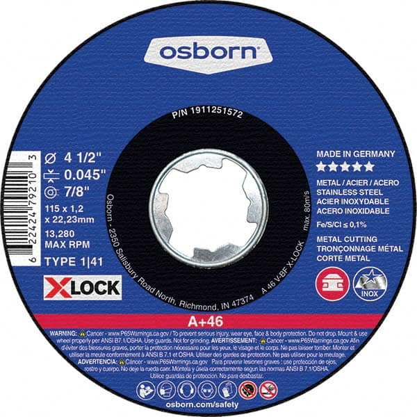 Osborn - 4-1/2 x 0.045, 7/8" Hole 46 Grit Aluminum Oxide Cutoff Wheel - USA Tool & Supply