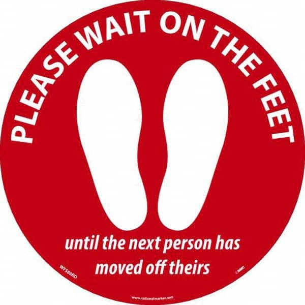 NMC - "Please Wait on the Feet Until the Next Person Has Moved Off Theirs" Adhesive-Backed Floor Sign - USA Tool & Supply