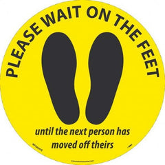 Please Wait on the Feet Until the Next Person Has Moved Off Theirs Round, Black on Yellow, Use for Security & Admittance