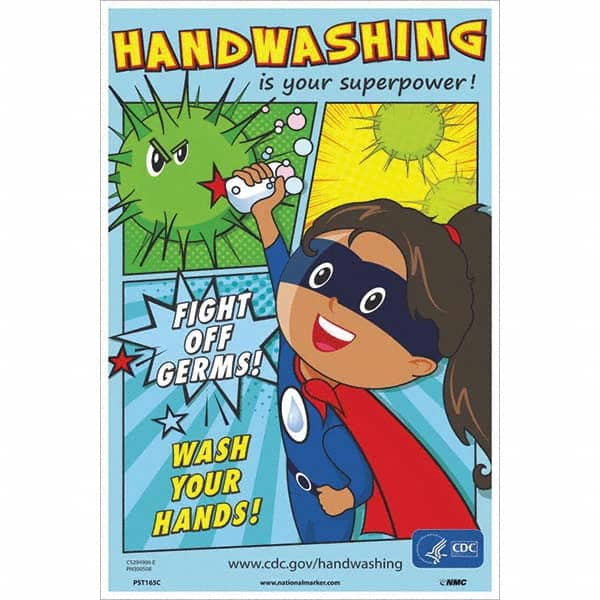 NMC - "Fight Off Germs! Wash Your Hands!", 18" High x 12" Wide, Vinyl Safety Sign - USA Tool & Supply