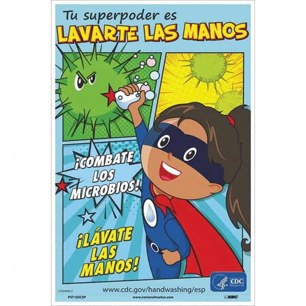 NMC - "Combate Los Microbios! L\xE1vate Las Manos!", 18" High x 12" Wide, Vinyl Safety Sign - USA Tool & Supply