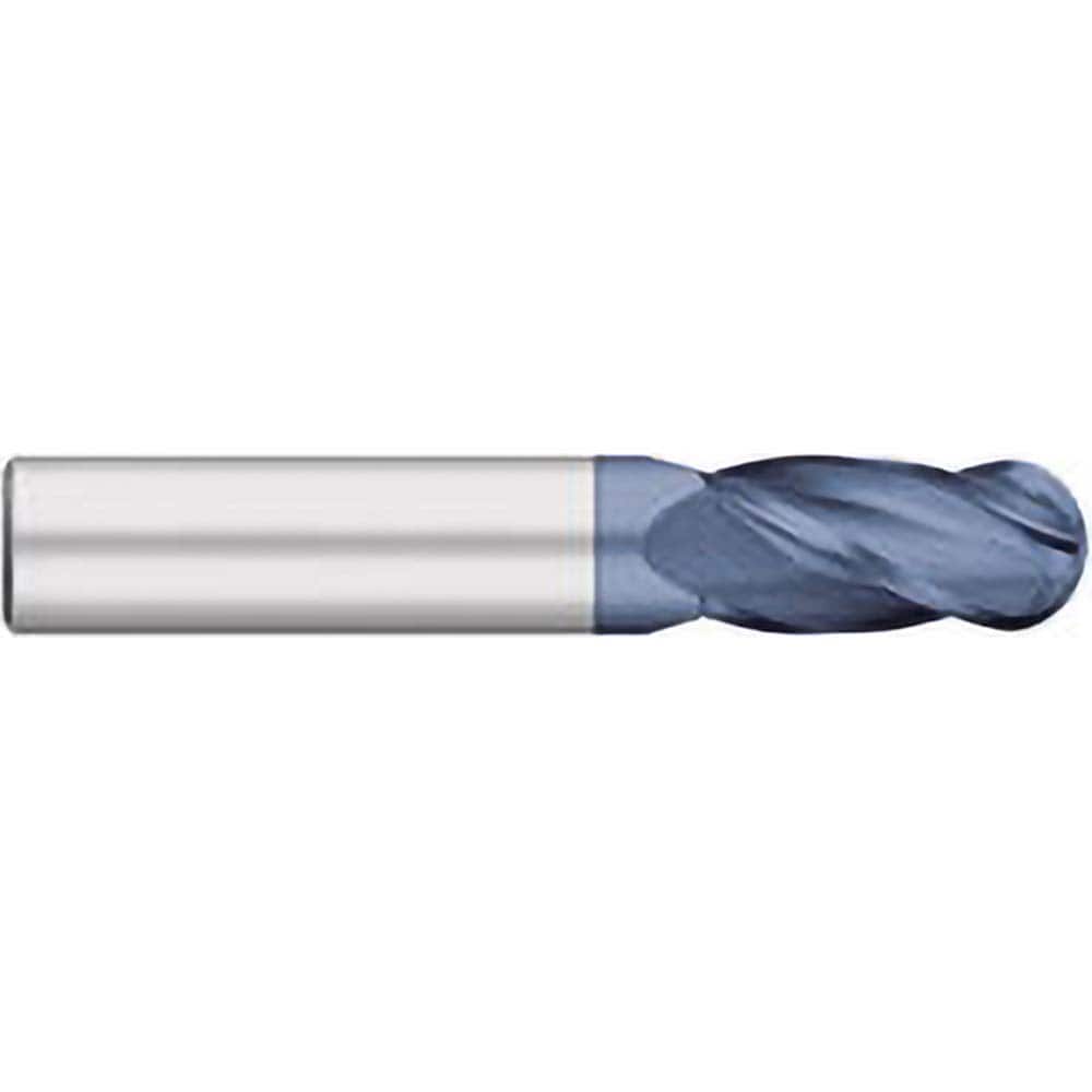 Ball End Mill: 0.2165″ Dia, 0.6299″ LOC, 4 Flute, Solid Carbide 50 mm OAL, 6 mm Shank Dia, 30 ° Helix, AlTiN Coated, Single End