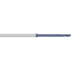 Ball End Mill: 0.015″ Dia, 0.045″ LOC, 3 Flute, Solid Carbide 2-1/2″ OAL, 1/8″ Shank Dia, 30 ° Helix, AlTiN Coated, Single End