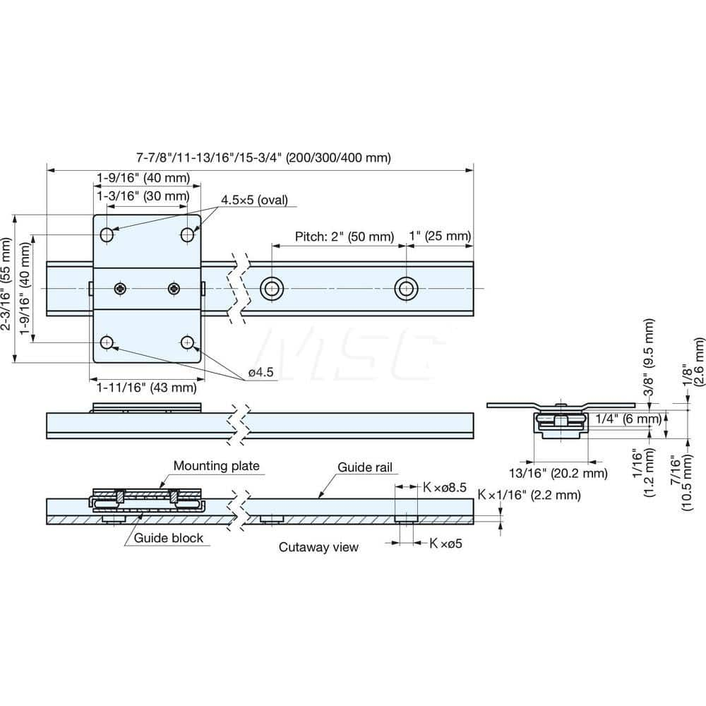 Linear Motion Systems; Type: Guide Rail; Overall Width (mm): 20.2000; Overall Length (mm): 400.0000; Bolt Hole Spacing: 50.0000; Bolt Size: #8; Height (mm): 9.5000