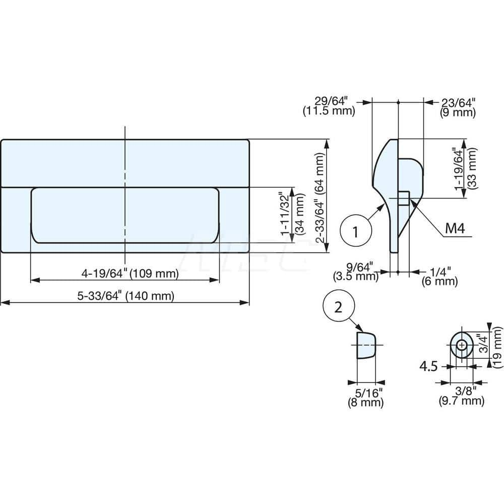 Recessed Pulls; Overall Width (Inch): 5-33/64; Overall Height (mm): 64.00000; Recess Width: 109.00; Recess Height: 34.00; Recess Depth: 11.00; Center to Center: 126.0000; Thread Size: M4; Finish/Coating: Black; Material: ABS; Polycarbonate; Material: ABS;