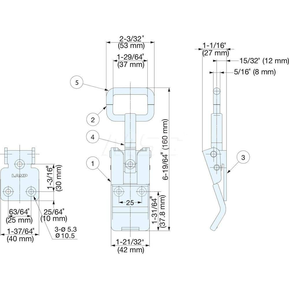 Latches; Type: Clean Room Draw Latch; Length (mm): 160.00; Width (mm): 53.00; Height (mm): 27.0000; Finish/Coating: Satin; Distance Between Mounting Hole Centers: 25; Minimum Order Quantity: 316 Stainless Steel; Material: 316 Stainless Steel; Description: