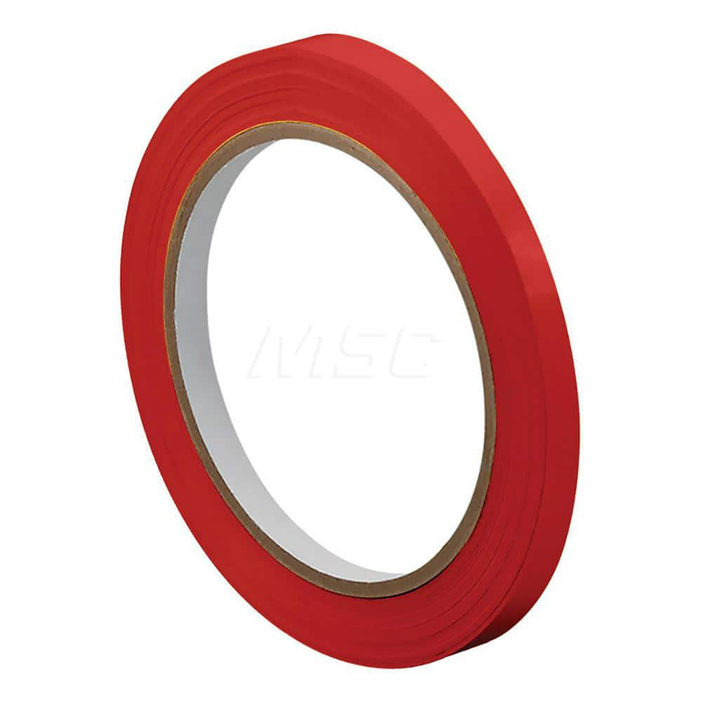 Packing Tape: 3/8″ Wide, 72 yd Long, Red, Natural Rubber & Solvent-Based Adhesive Unplasticized Polyvinyl Chloride, 2.4 mil Thick, 42 lb/in Tensile Strength