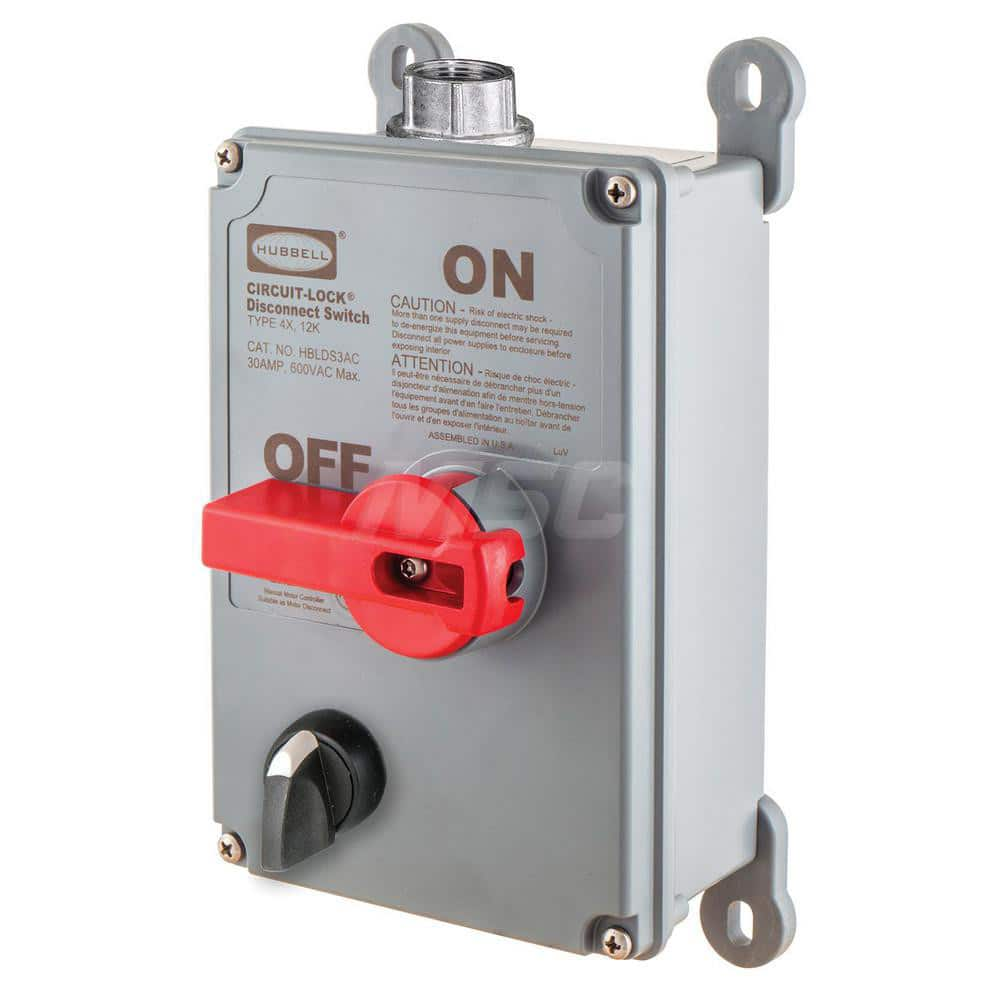 Cam & Disconnect Switches; Enclosure Type: Enclosed; Fused: NonFused; Horsepower: 1 @ 120 VAC; 3 @ 220-240VAC; 15 @ 480 VAC; 15 @ 600 V; 5 @ 480VAC; 7-1/2 @ 200-240VAC; Number of Phases: 3; Amperage: 30; Contact Form: 1NO; 2NO; Voltage: 600 VAC